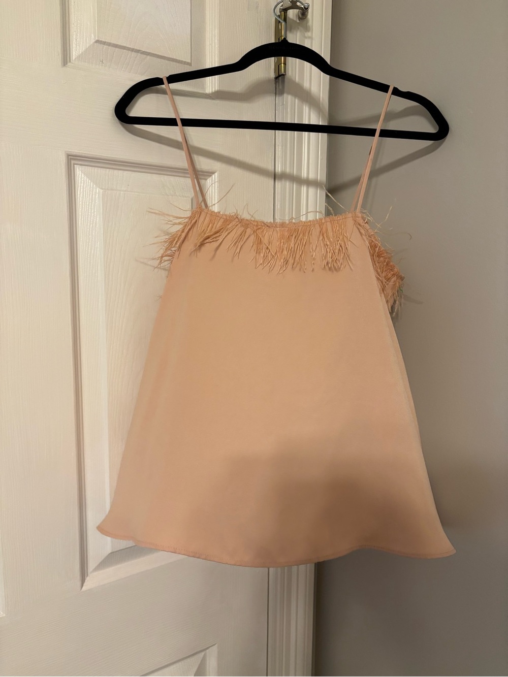 Zara Peach Feather Trim Silk-Look Spaghetti Strap Tank Size L